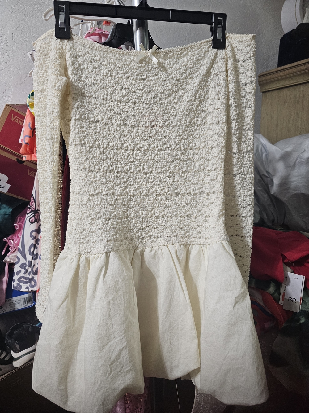 Astr Cream Textured Long Sleeve Ruffle-Hem Kids Dress